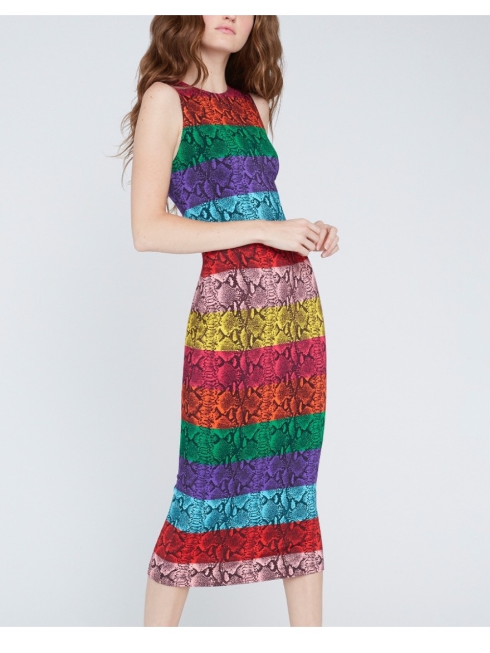 Alice + Olivia ‘Delora’ Multicolor Striped Midi Dress with Snake-Print Size 6